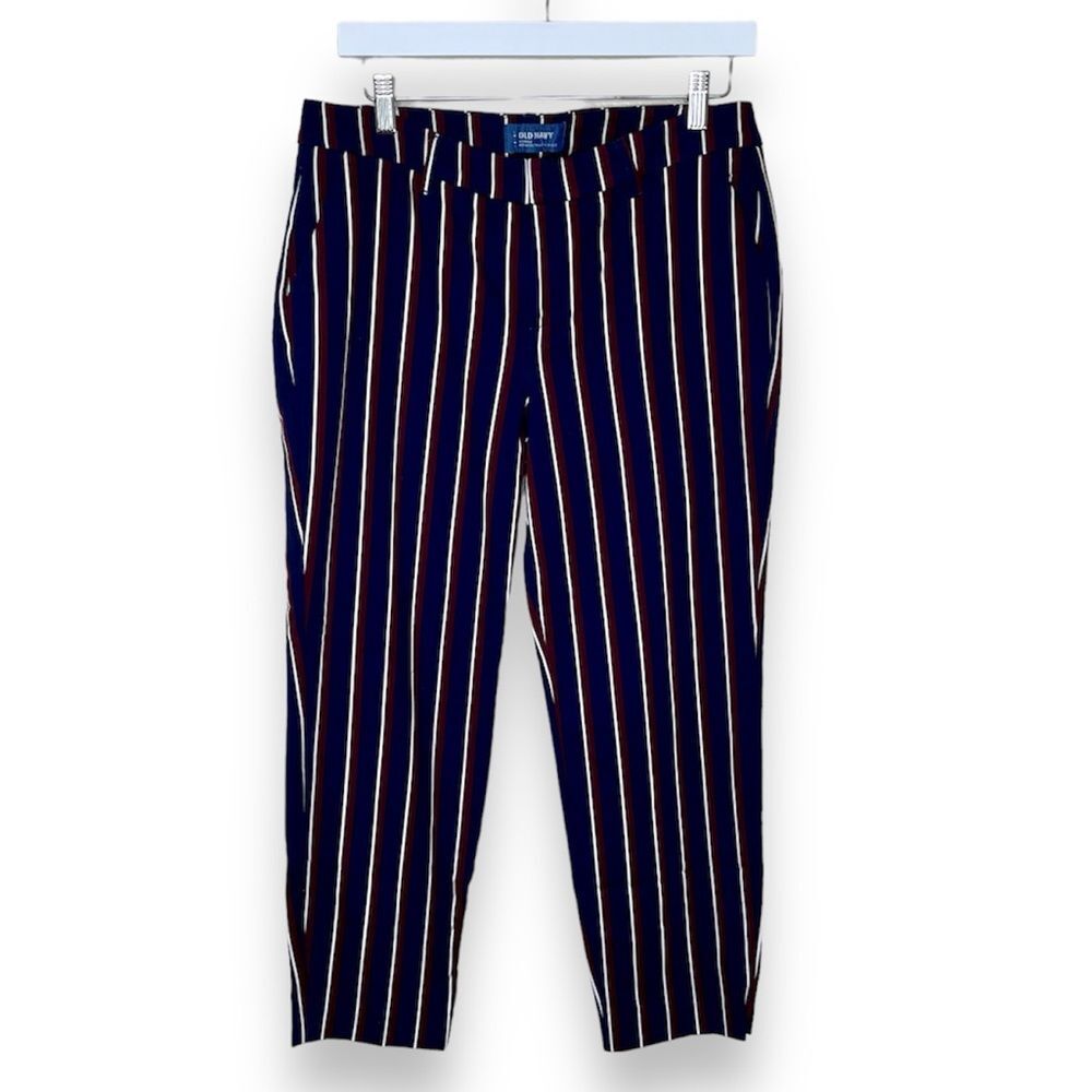 Old Navy Harper Stovepipe Navy Burgundy Stripe Mid Rise Cropped Pants Women 8